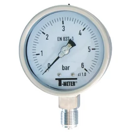 Típus: 1617, Rozsdamentes acél manométer,  DN100, Saválló csatlakozás: alsó, -1..+1 bar-tól 0..60 bar-ig