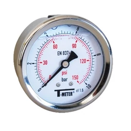 Rozsdamentes acél manométer glicerin töltéssel | DN 63 | 0-10 bar | 0-150 psi | 1/4" hátsó csatlakozás