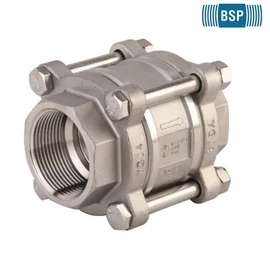 380 - Saválló 3-részes BSP menetes visszacsapószelep, PN63, -20/+200°C, (Élelmiszeripar, vegyipar, gyógyszeripar, petrolkémiai ipar, ivóvíz, sűrített levegő, gőz max.11 bar-ig..)