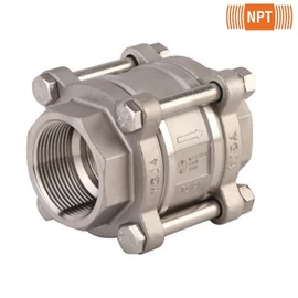 384 - Saválló 3-részes NPT menetes visszacsapószelep, PN63, -20/+200°C, (Éleliszeripar, vegyipar, gyógyszeripar, petrolkémiai ipar, ivóvíz, sűrített levegő, gőz max.11 bar-ig..)