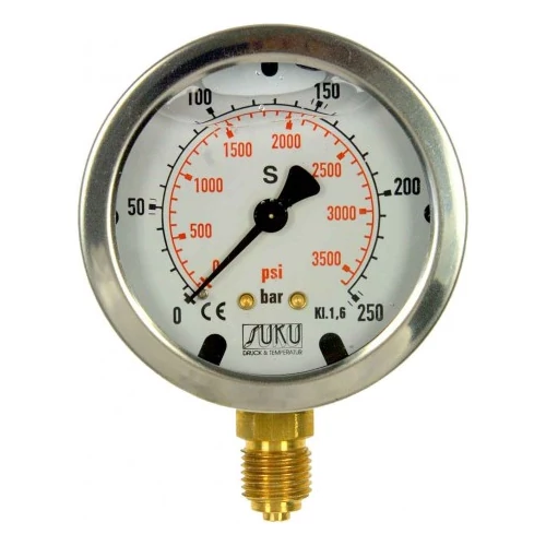 MANOMÉTER M-63/R 0-160bar / 2321 psi,  KO ház, 1/4" alsó csatlakozás, Glicerin töltéssel